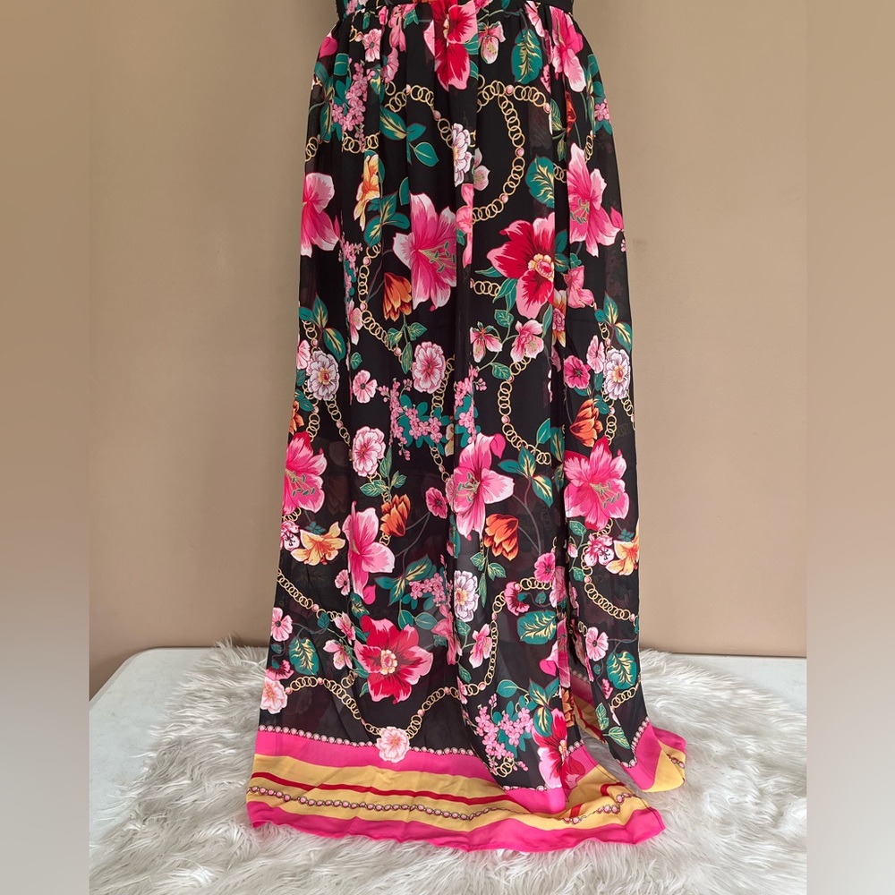 {Nicole Miller} Floral & Chain Maxi Dress Sleeveless in Black - Women's 6 - Picture 4 of 11